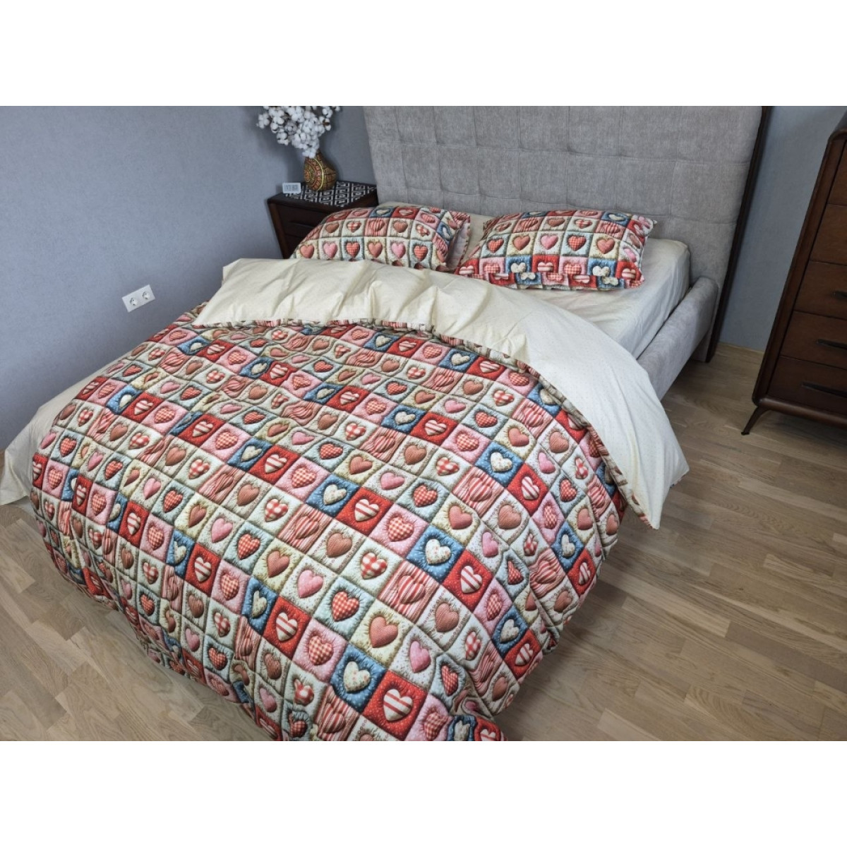 Бавовняна постільна білизна в сердечка cotton 5D Кантрі+Горошок беж